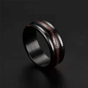Black titanium steel ring with red baseball stitch detail, stylish men detail view.