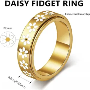 Anello Fidget Margherita Ruotabile Acciaio al Titanio Placcato Oro Smalto Fiore Ansia Sollievo Stress Spinner Anello Gioielli