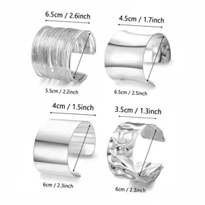Silver metal wide cuff bracelet open bangle set with size dimension details for women fashion.