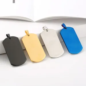 Stainless steel dog tag pendant detail, multi-color blank metal military necklace jewelry.