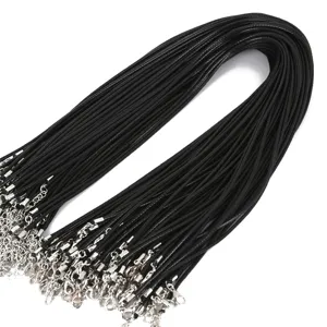 Black cord necklace detail, bulk wax rope with metal lobster clasp for jewelry DIY crafting.