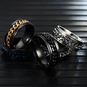 Detailaufnahme Edelstahl Spinner Ring, Kettendesign, vakuumgalvanisierter Herren Schmuck.