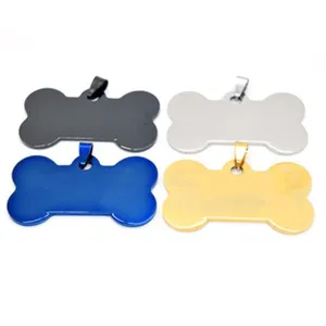 Detailed view of blank bone-shaped metal pendant charms in four colors, ideal for custom pet ID tags.