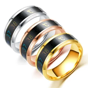 Stainless steel thermochromic temperature ring detail view, stylish smart finger jewelry