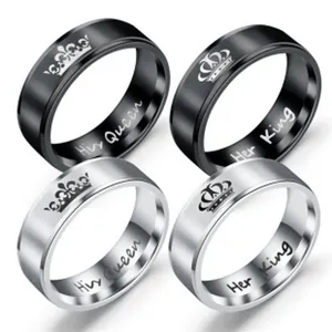 Edelstahl Partnerringe Set mit Krone und His Queen King Gravur in schwarz und silber