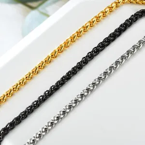 Stainless steel wheat chain necklace detail, gold black silver color options, jewelry.