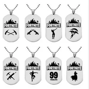 Stainless steel Fortnite dog tag necklace pendant set featuring game icons for fans.
