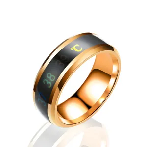 Close-up detail of stainless steel smart temperature sensing ring in rose gold.