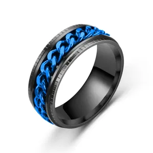 Schwarzer Edelstahl Spinner Ring für Herren mit blauer Kette modisches Schmuck Design.