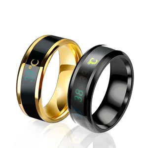 Closeup view of stainless steel smart temperature sensing rings showing digital scale details.