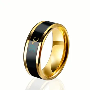 Close-up detail of the smart temperature sensing ring in gold and black stainless steel.