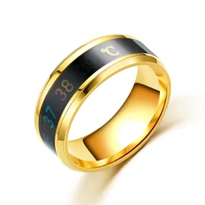 Detailed view of the stainless steel smart temperature sensing ring with clear digital scale.