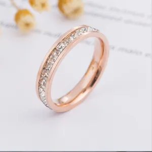 Rose gold titanium steel channel-set ring with sparkling cubic zirconia stones, elegant jewelry.