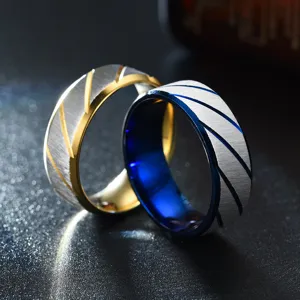 Detail shot of stainless steel couple rings featuring stylish striped brushed texture design.