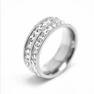 Double row cubic zirconia stainless steel ring, stylish couple titanium steel jewelry.