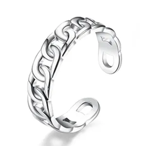 Silver chain link open ring detail shot, retro punk style metal finger jewelry closeup view.