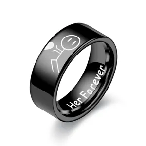 Schwarzer Titanstahl Paaring mit graviertem Design und Her Forever Inneninschrift Stil.