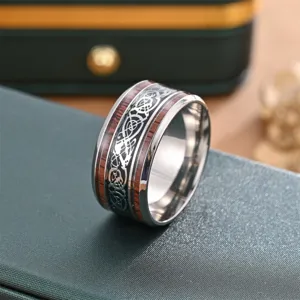 Herren Edelstahl-Ring mit Holzeinlage und keltischem Drachenmuster modischer Schmuck