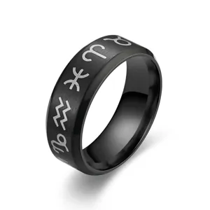 Black titanium steel zodiac ring for men and women, stylish constellation jewelry.