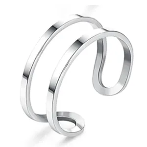 Silver double band open ring detail shot, minimalist style geometric toe ring close-up.