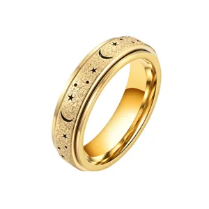 Stainless steel spinner ring for women, gold color star moon frosted rotatable anxiety ring