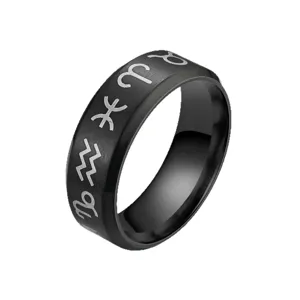 Black titanium steel zodiac ring with brushed finish and polished beveled edges for men women.