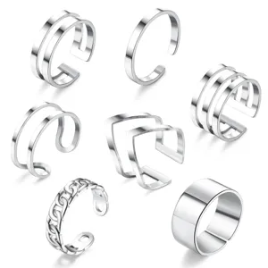 Minimalist Stainless Steel Open Adjustable Toe Rings For Women Silver Plated Geometric Multi Layer Hollow Lines Foot Finger Ring Jewelry Gift