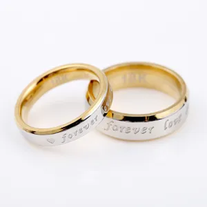 Stainless steel couple rings featuring forever love engraving and elegant two-tone gold design.