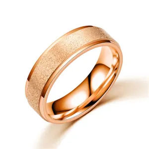 Detailed rose gold stainless steel ring featuring a frosted matte center and polished edges.