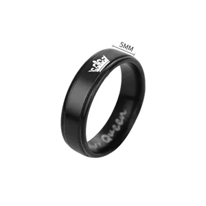Black stainless steel couple ring with crown engraving and 5mm width for fashion lovers.