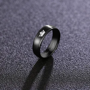 Black stainless steel couple ring 6mm wide featuring crown and His Queen engraving.