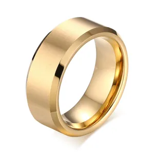 Close-up detail of the 8mm gold titanium steel ring featuring matte brushed finish and bevel edges.