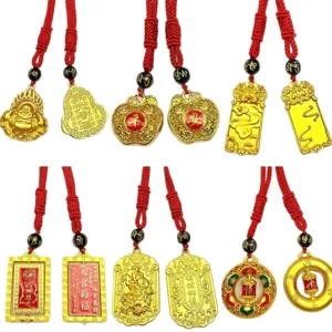 Traditioneller Chinesischer Stil Legierung Goldene Anhänger Halskette Mit Roter Kordel Retro Glücks Amulett Schmuck Geschenk Für Damen Herren