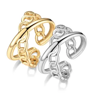 Bague ouverte en acier inoxydable avec chaîne design couple ajustable mode bijoux chic