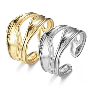 Bague ouverte froissée minimaliste en acier titane, bijoux de mode or et argent.