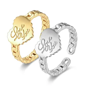 Bague de couple ouverte en acier titane cœur de chaîne, bijoux de style minimaliste.
