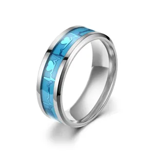 Edelstahl leuchtender Herzschlag Ring Detail, stilvolles EKG leuchtendes Paar Schmuckstück.