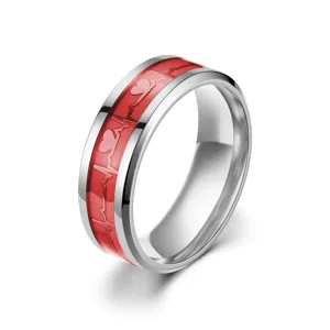 Detailansicht des Edelstahlrings mit rotem Herzschlag und Herzmuster als Einlage.