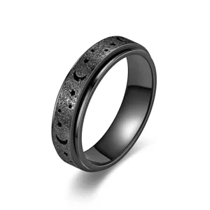 Schwarzer Edelstahl Antistress Ring mit hohlen Stern und Mond Motiven für tägliche Entspannung.