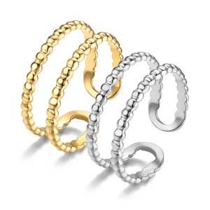 Bague ouverte perlé en acier inoxydable réglable bijoux de couple style minimaliste mode