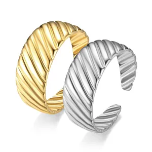 Bague ouverte large cannelée minimaliste en or et argent, bijoux en acier inoxydable.