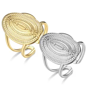 Set de bagues ouvertes en acier inoxydable, design ovale texturé, bijou réglable détail.