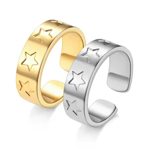 Bagues ouvertes réglables en acier inoxydable gravées d'étoiles, bijoux de couple tendance.