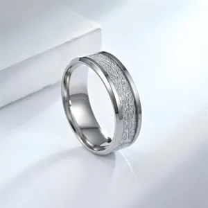 Men stainless steel ring with unique textured rime pattern center groove polished edges fashion jewelry