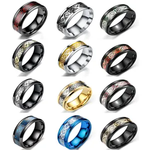 Men Stainless Steel Dragon Pattern Ring Vintage Celtic Totem Band Ring Casual Cool Fashion Jewelry Finger Ring Gift