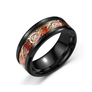 Mens black stainless steel ring with red green dragon pattern stylish cool punk jewelry piece