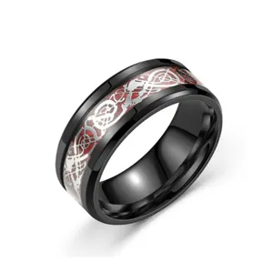 Detailed view of men black titanium steel ring featuring striking red inlay and silver dragon pattern.