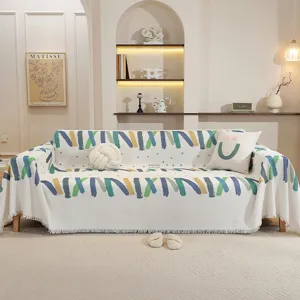 Jeté de canapé de style nordique avec motif de coups de pinceau colorés et franges