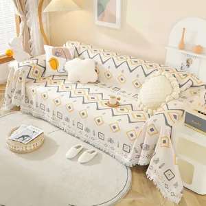 Housse de Canapé Scandinave en Coton Lin Motif Géométrique Pied-de-poule Jeté de Canapé Gaufre Universel Quatre Saisons Couverture Décorative Avec Franges pour Salon Maison