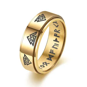 Goldener Edelstahl Wikinger Runen Ring Detail mit nordischen Symbolen und drehbarer Struktur.